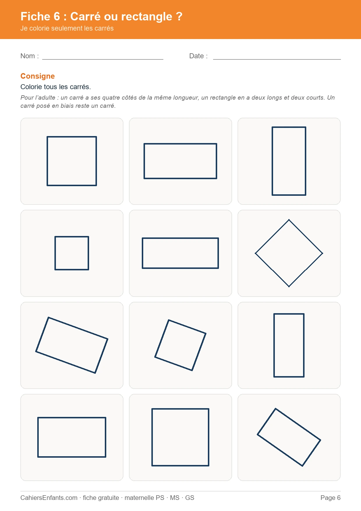 Distinguer le carré du rectangle, fiche de formes géométriques grande section à imprimer