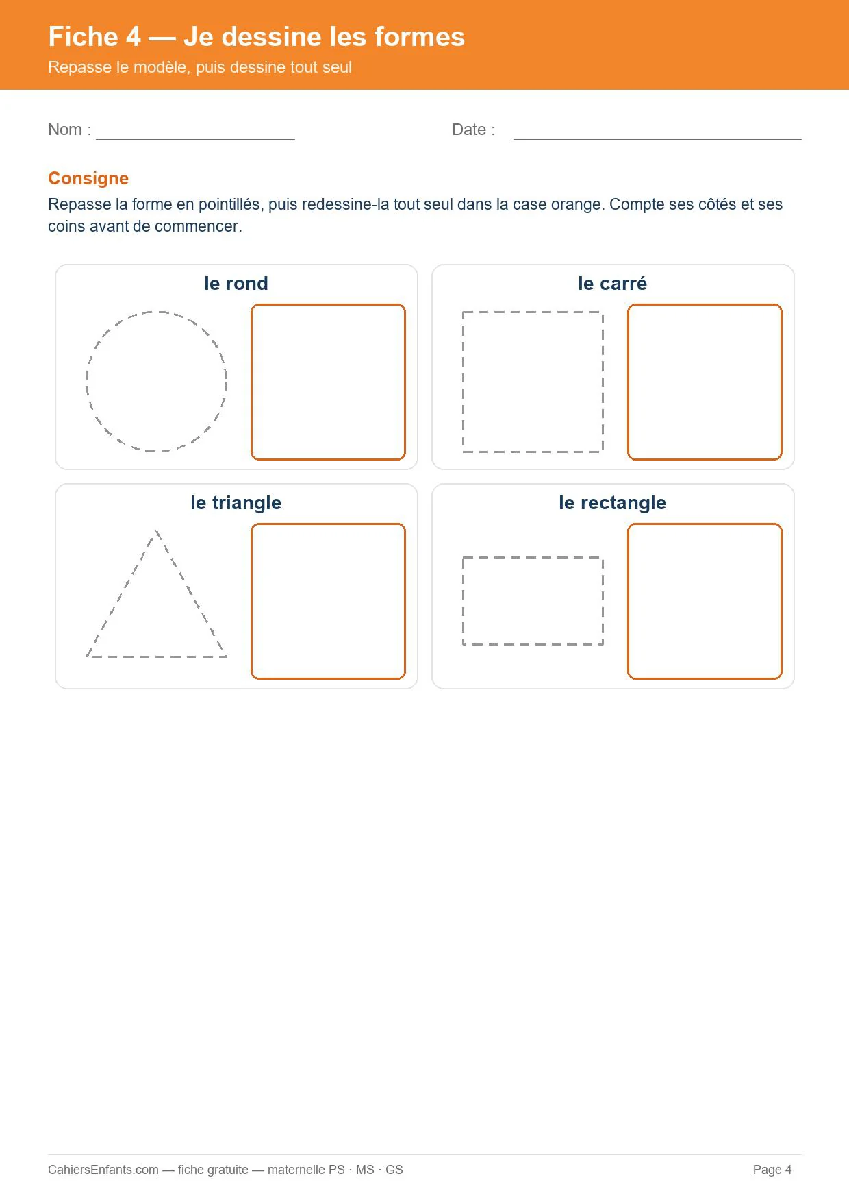 Dessiner les quatre formes tout seul, fiche de formes géométriques grande section à imprimer