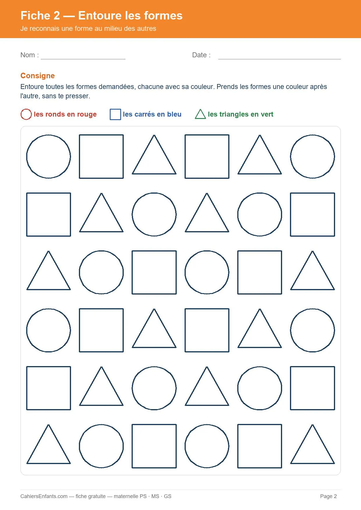 Entourer chaque forme avec sa couleur, fiche de formes géométriques maternelle à imprimer