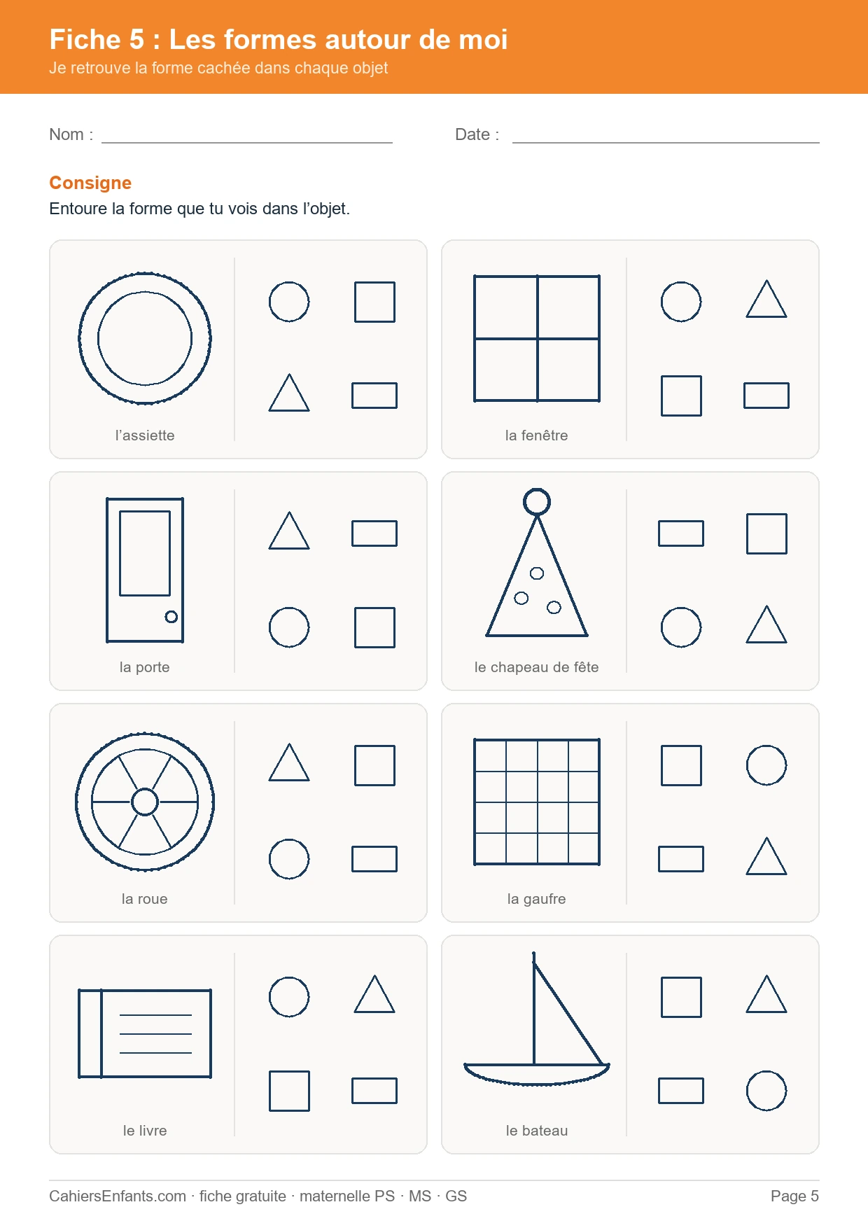 Retrouver les formes dans les objets du quotidien, fiche de formes géométriques maternelle à imprimer