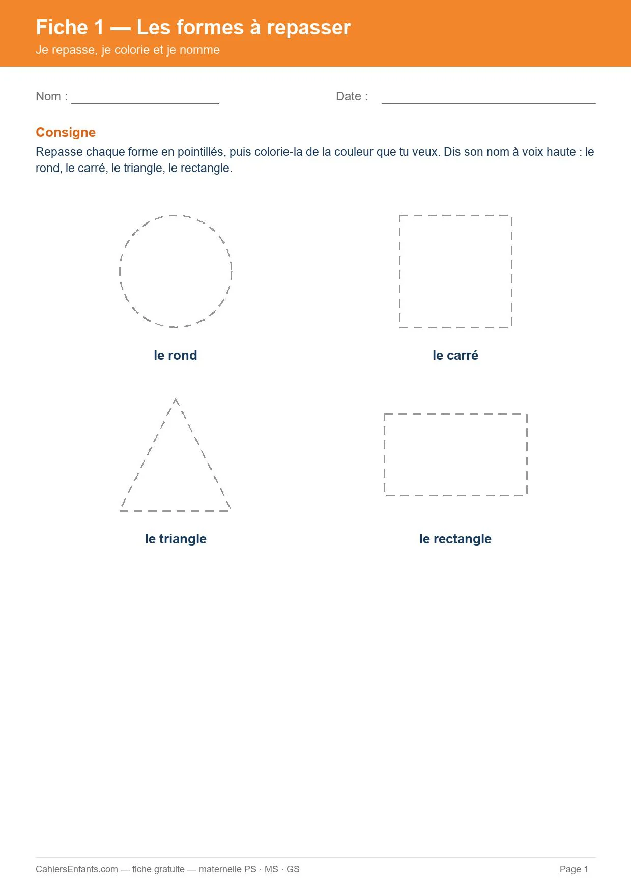 Repasser et colorier les formes, fiche de formes géométriques maternelle à imprimer