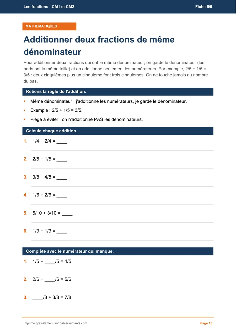 Fiche à imprimer CM1 : additionner deux fractions de même dénominateur