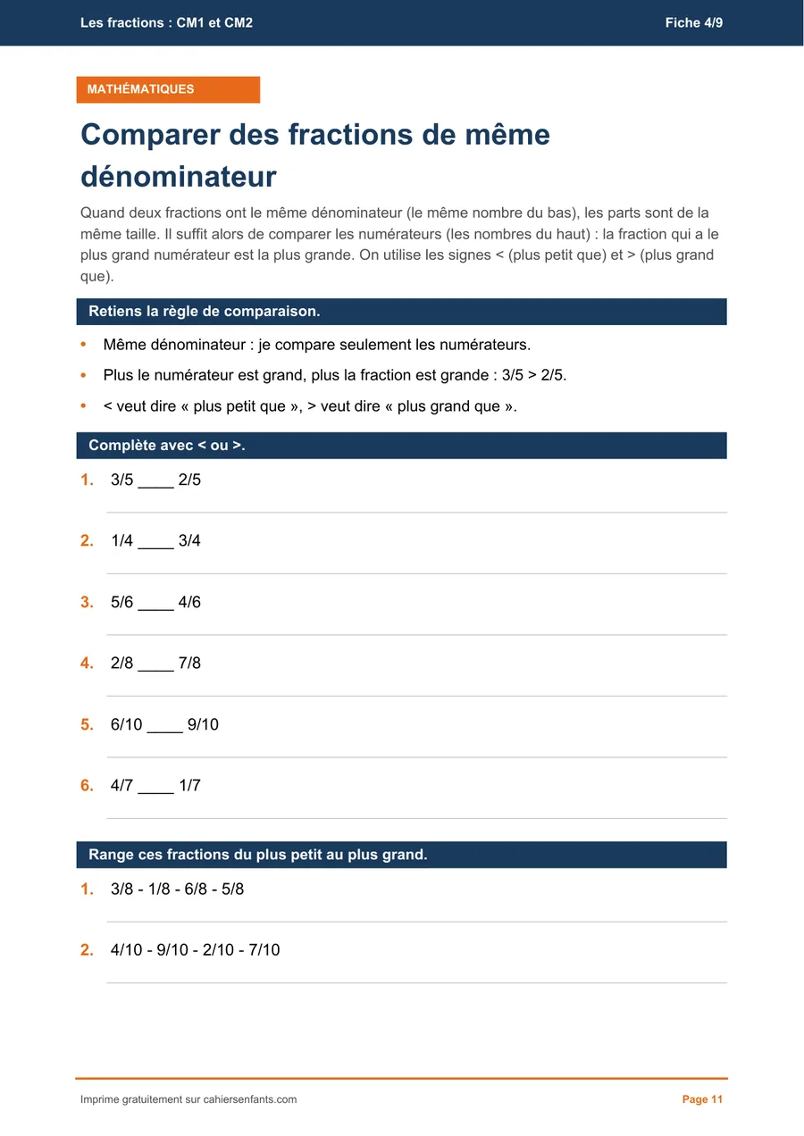 Fiche à imprimer CM1 : comparer deux fractions de même dénominateur