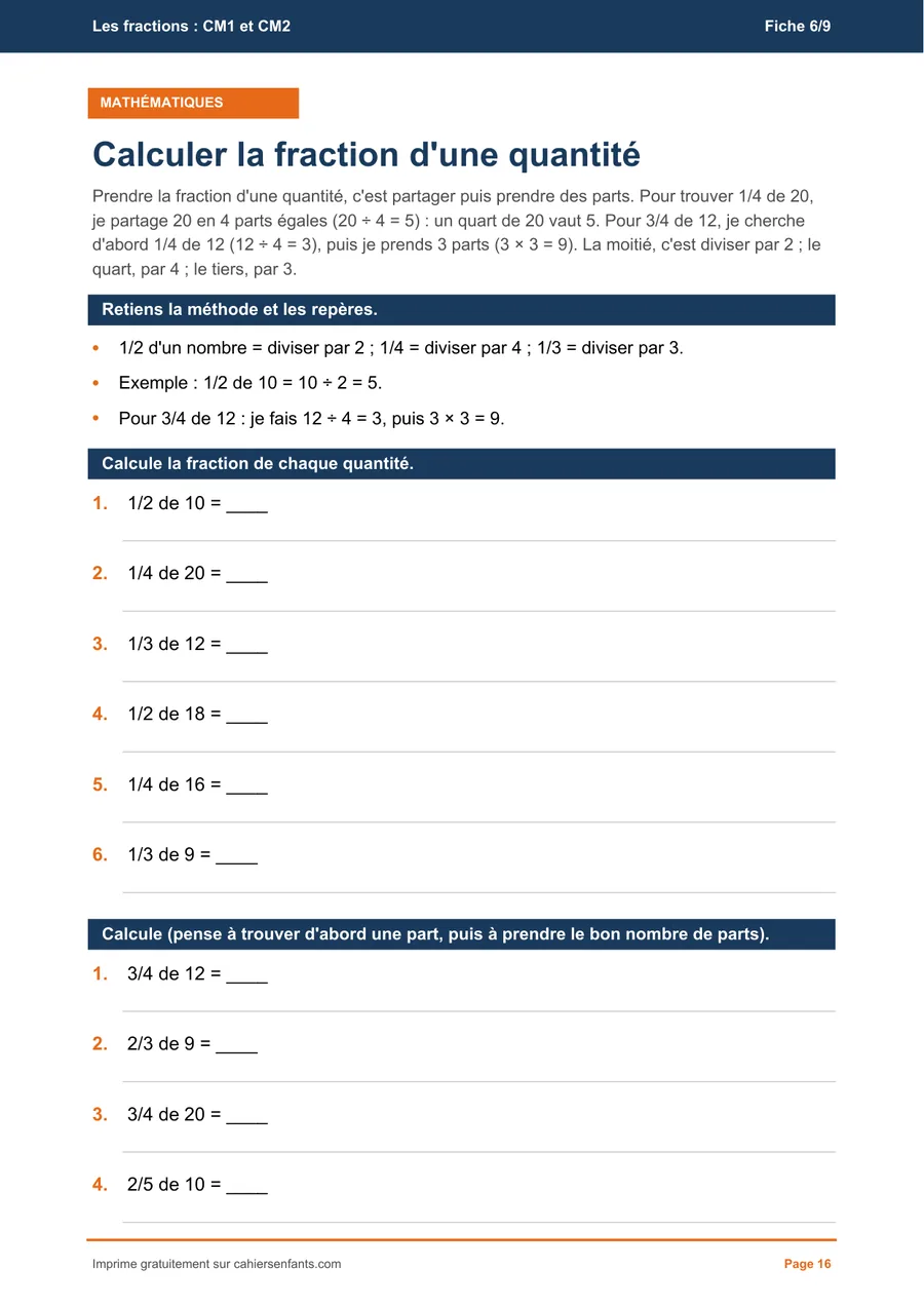 Fiche à imprimer CM1 : calculer la fraction d'une quantité