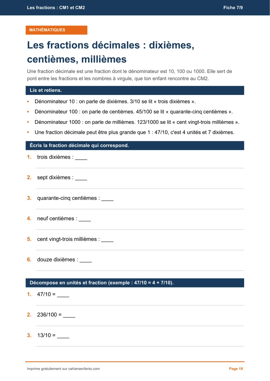 Fiche à imprimer CM2 : les fractions décimales, dixièmes, centièmes et millièmes