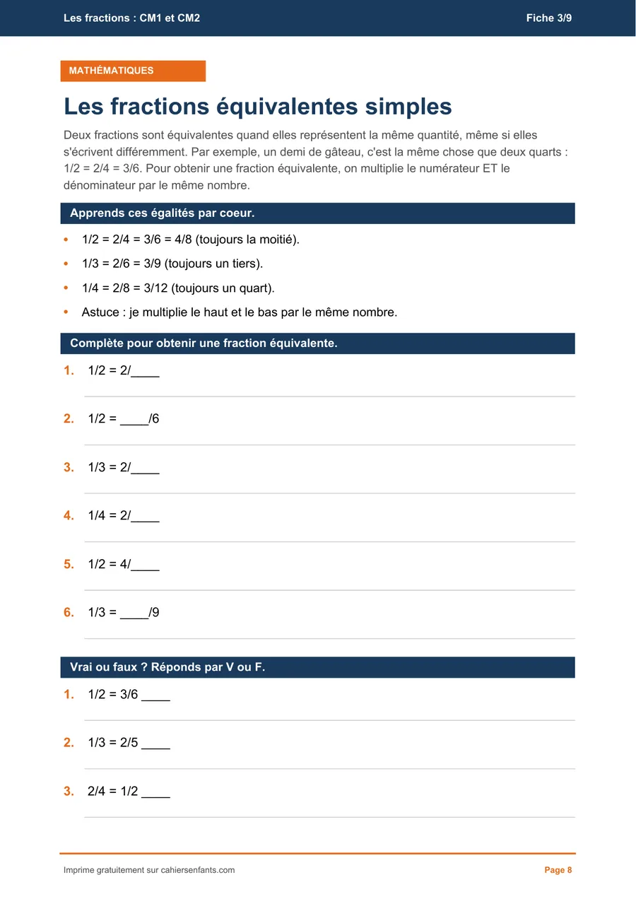 Fiche à imprimer CM1 : reconnaître des fractions équivalentes simples