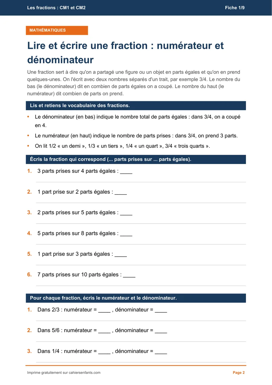 Fiche à imprimer CM1 : lire et écrire une fraction, numérateur et dénominateur