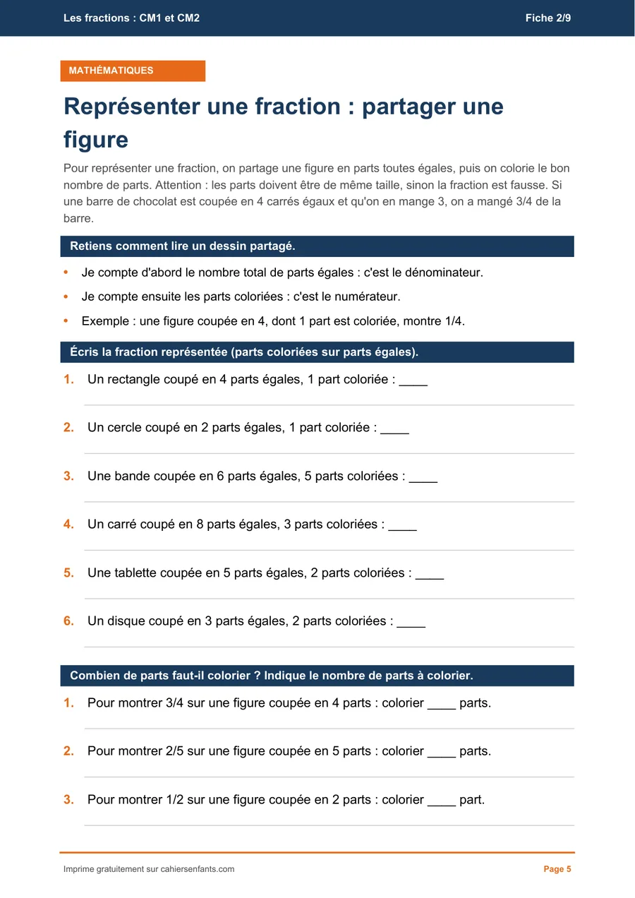 Fiche à imprimer CM1 : représenter une fraction en partageant une figure