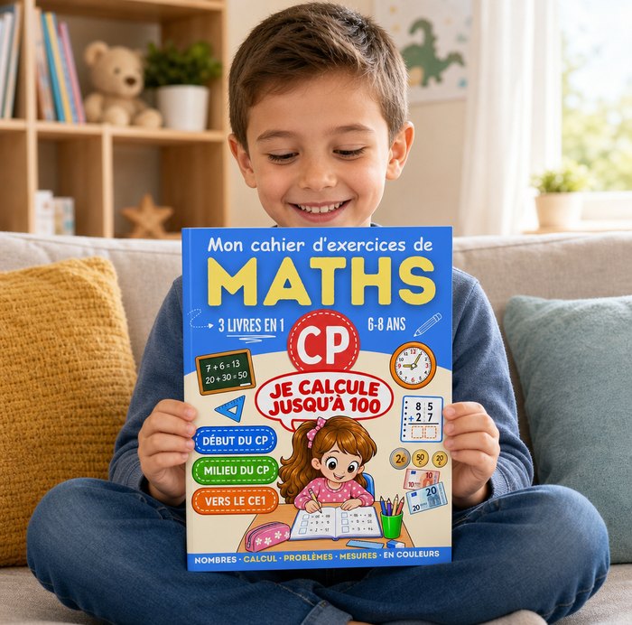 Un petit garçon assis sur un canapé lit Mon cahier d'exercices de Maths CP