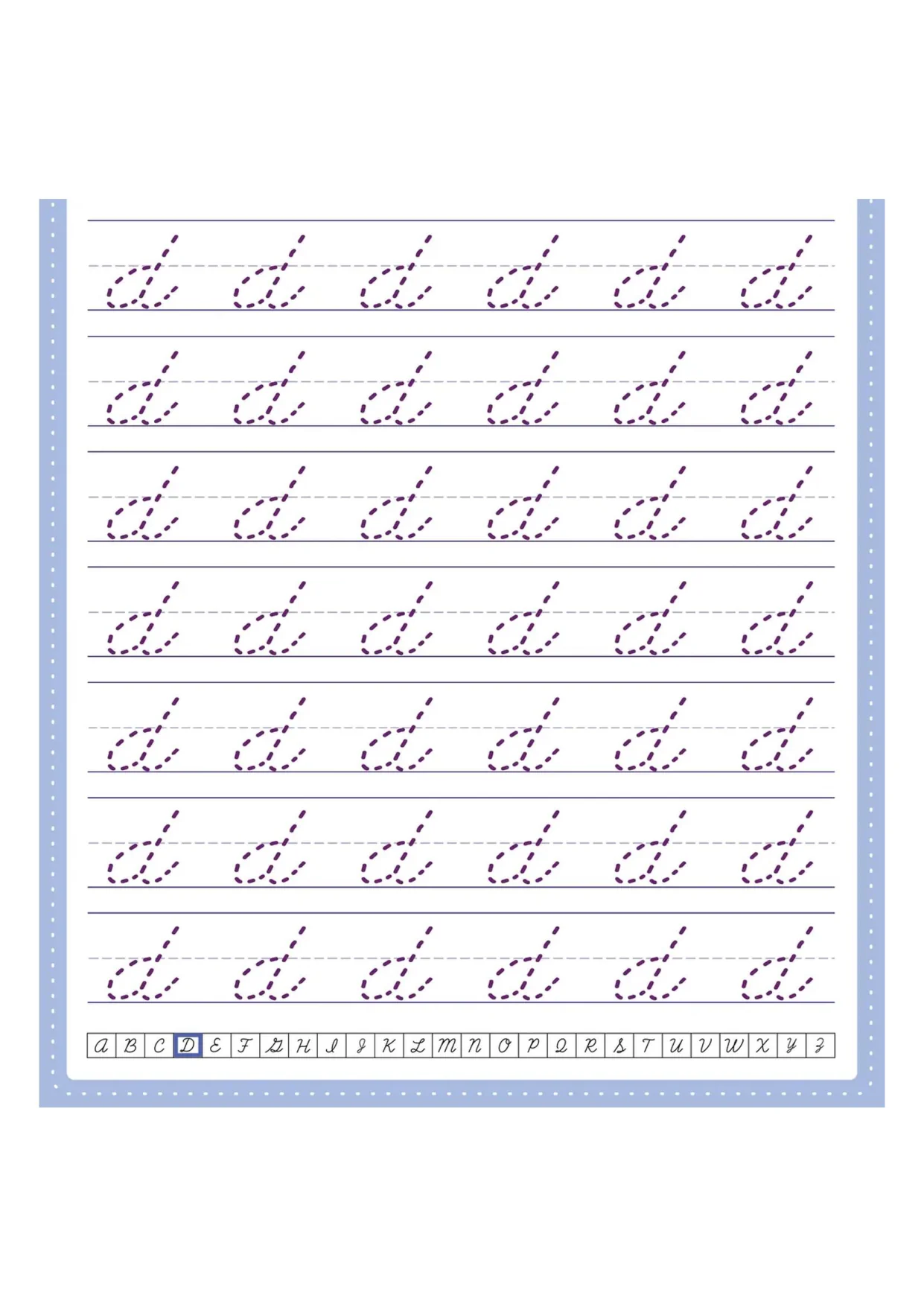La lettre d en cursive, fiche d’écriture attachée grande section à imprimer