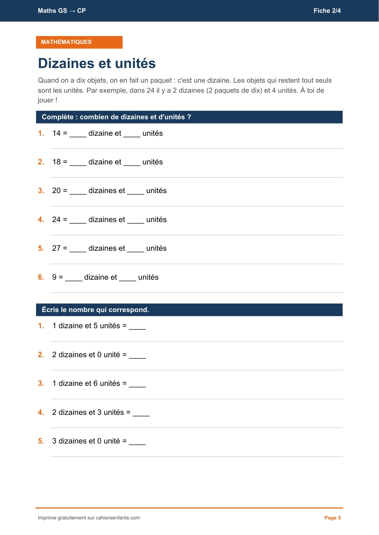 Dizaines et unités, fiche de maths GS vers le CP à imprimer