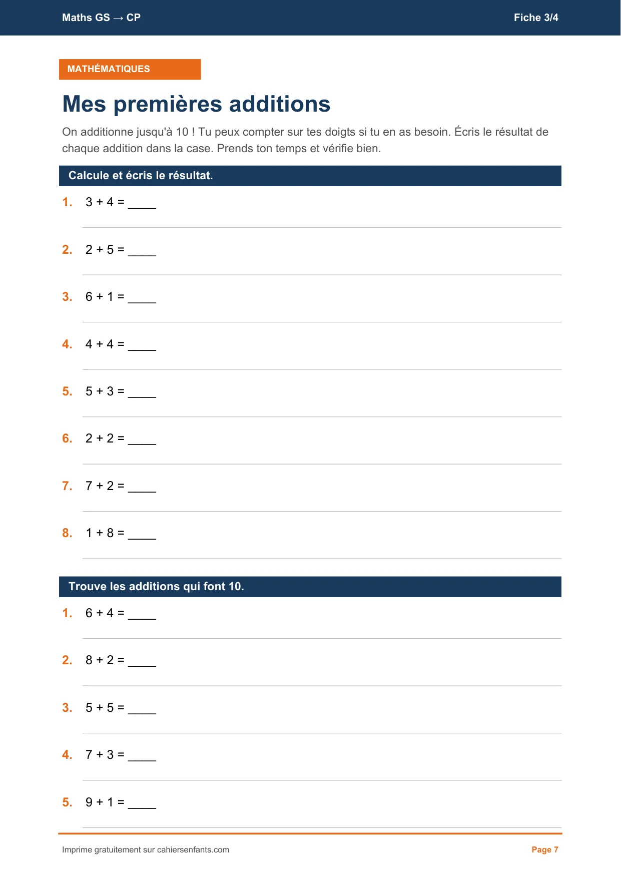Mes premières additions jusqu’à 10, fiche de maths grande section à imprimer