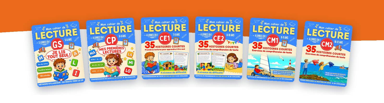 Les 6 cahiers de la collection Mon cahier de Lecture, de la grande section au CM2, posés côte à côte