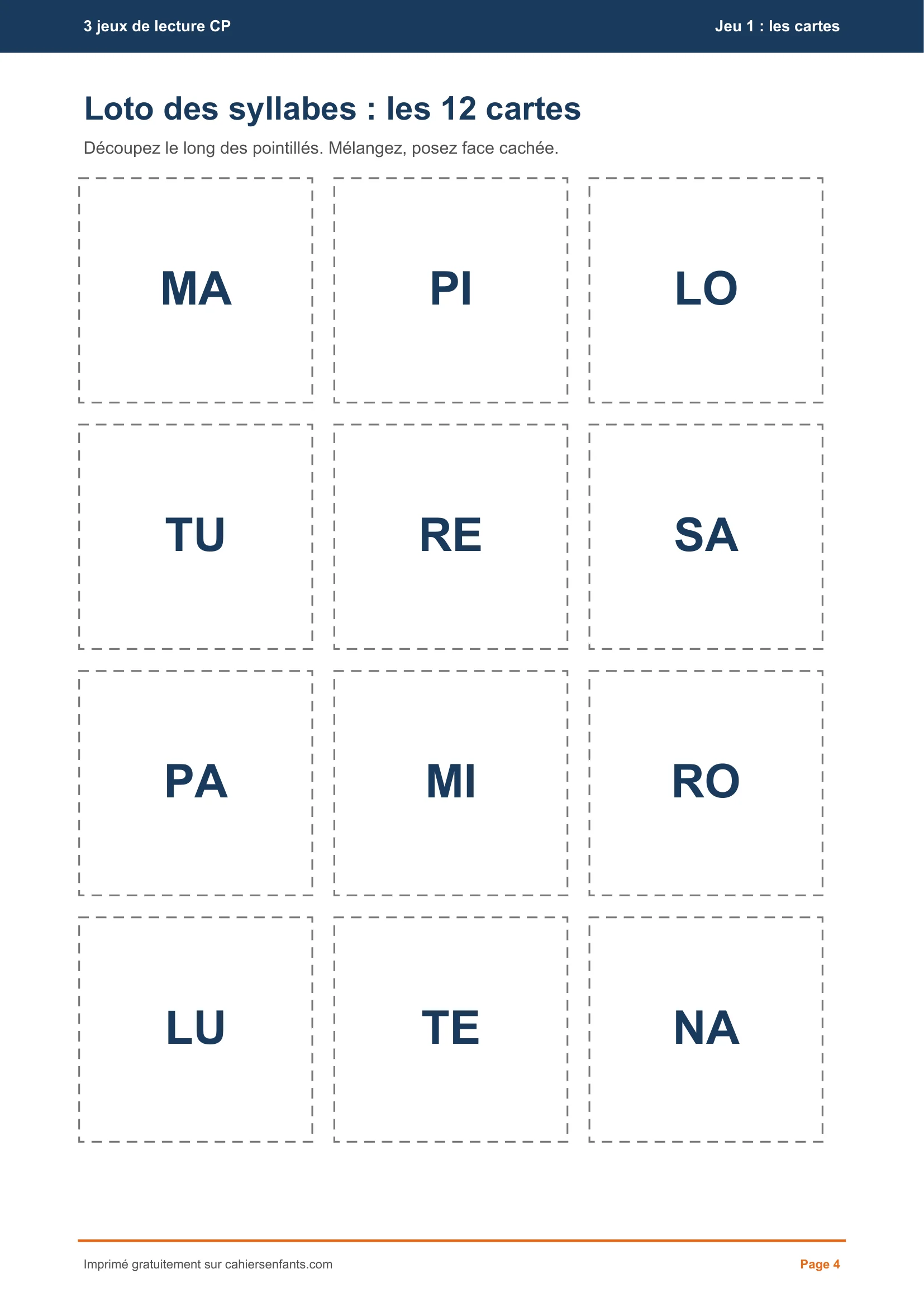 Jeu de lecture CP a imprimer : les 12 cartes-syllabes du loto, a decouper