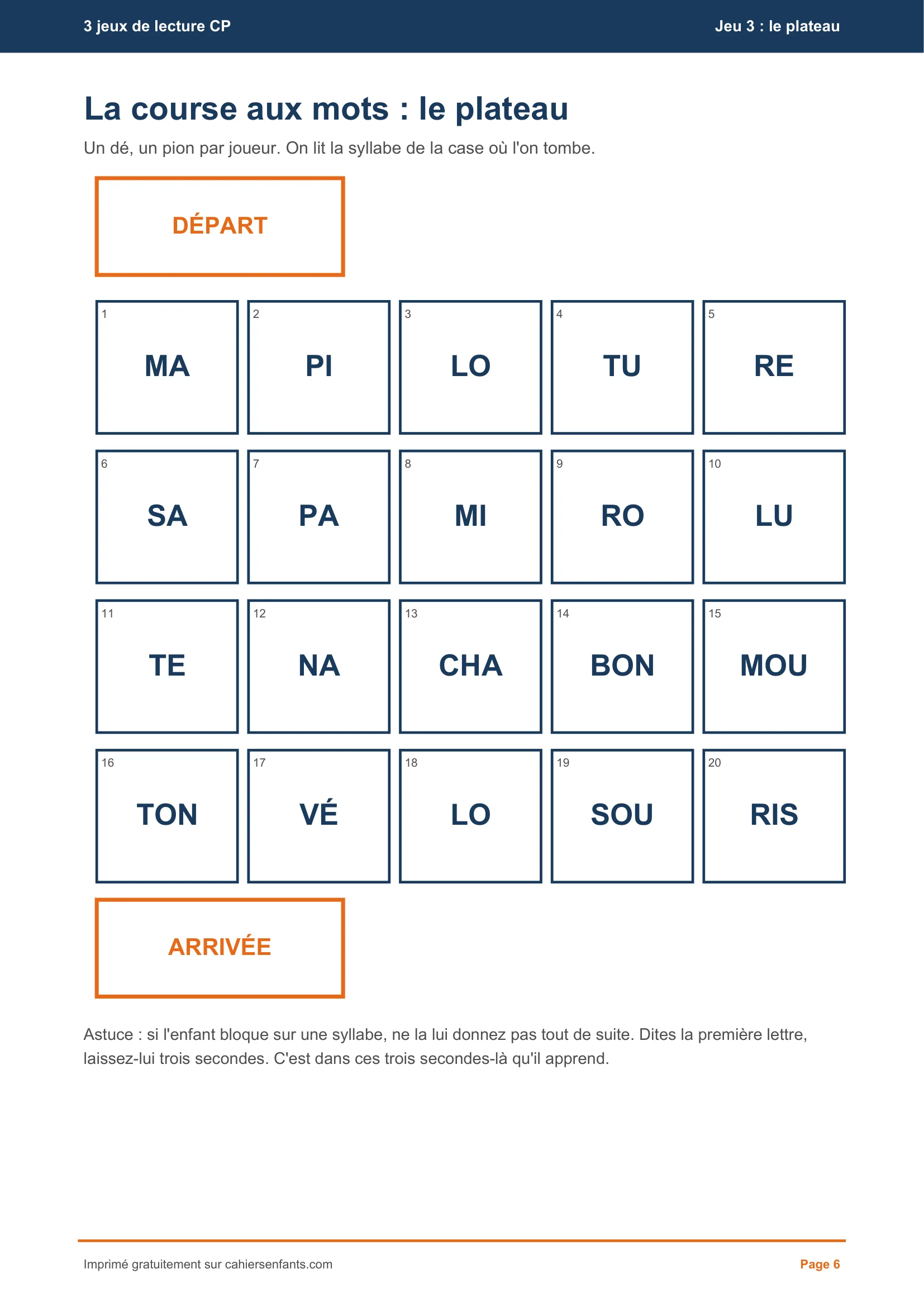 Jeu de lecture CP a imprimer : le plateau de la course aux mots, 20 cases de syllabes