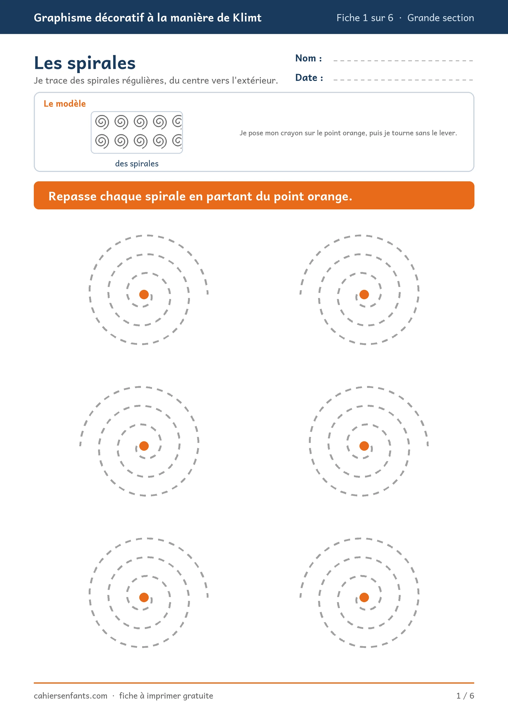 Fiche de graphisme grande section : les spirales à imprimer