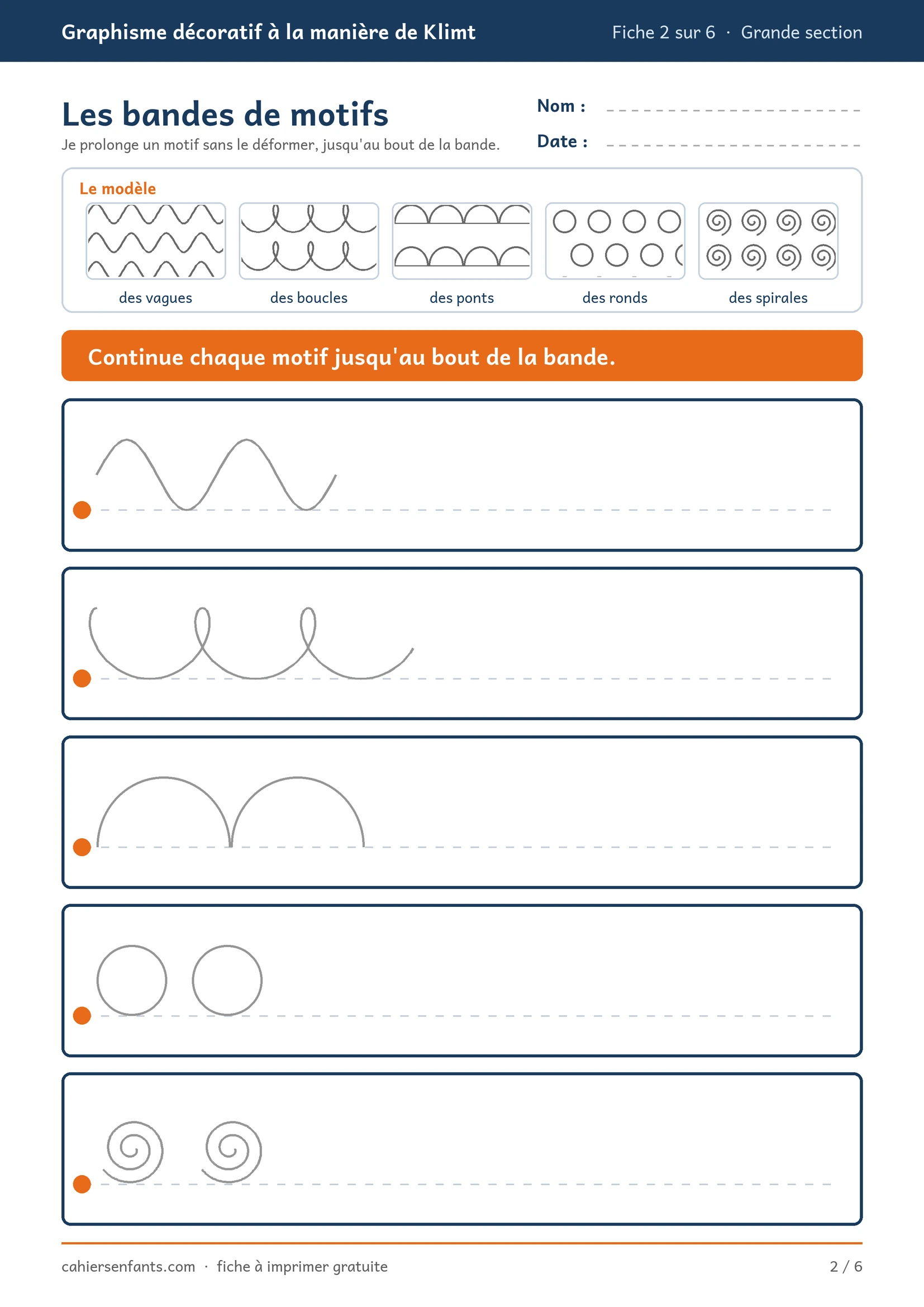 Fiche de graphisme grande section : les bandes de motifs à imprimer