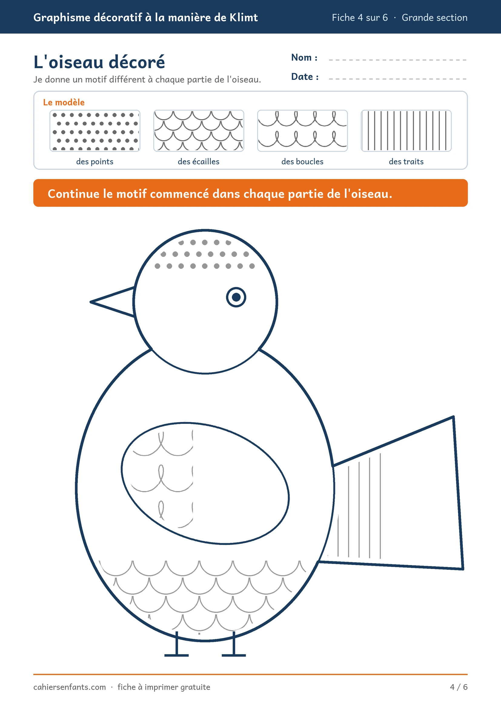 Fiche de graphisme grande section : l'oiseau décoré à imprimer