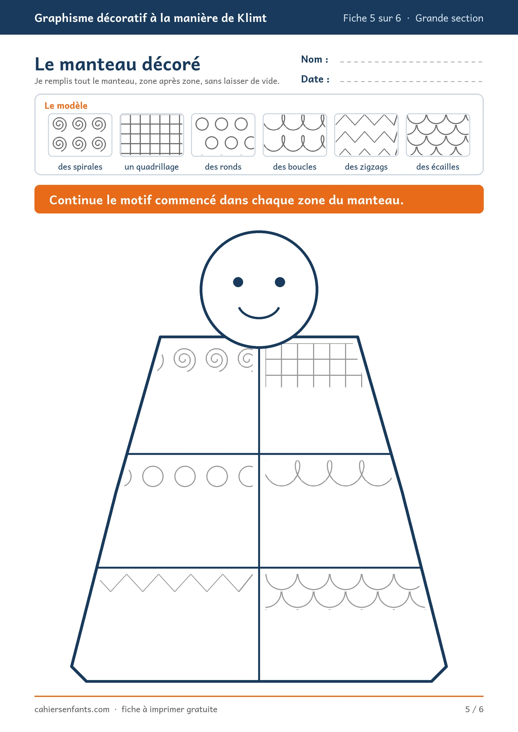 Fiche de graphisme grande section : le manteau décoré à imprimer