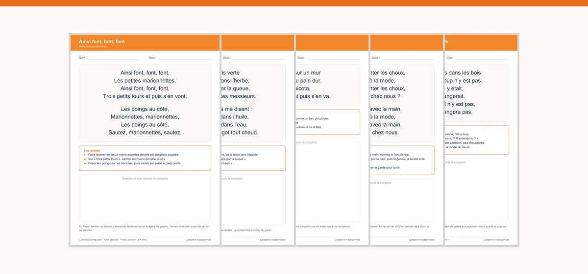Fiches de comptines pour la maternelle à imprimer, PS, MS et GS