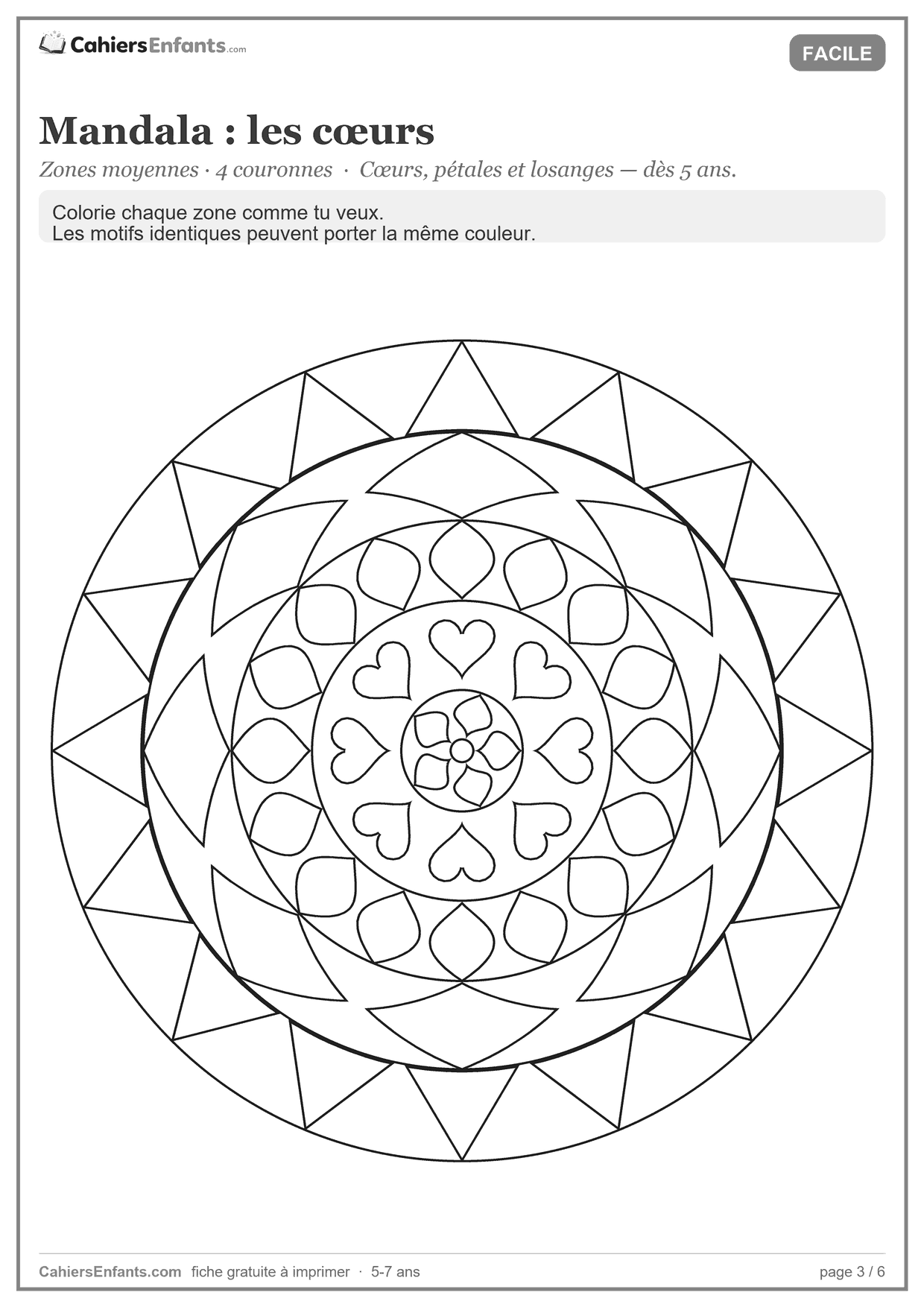 Mandala avec une couronne de cœurs à imprimer pour enfant de 5 à 7 ans