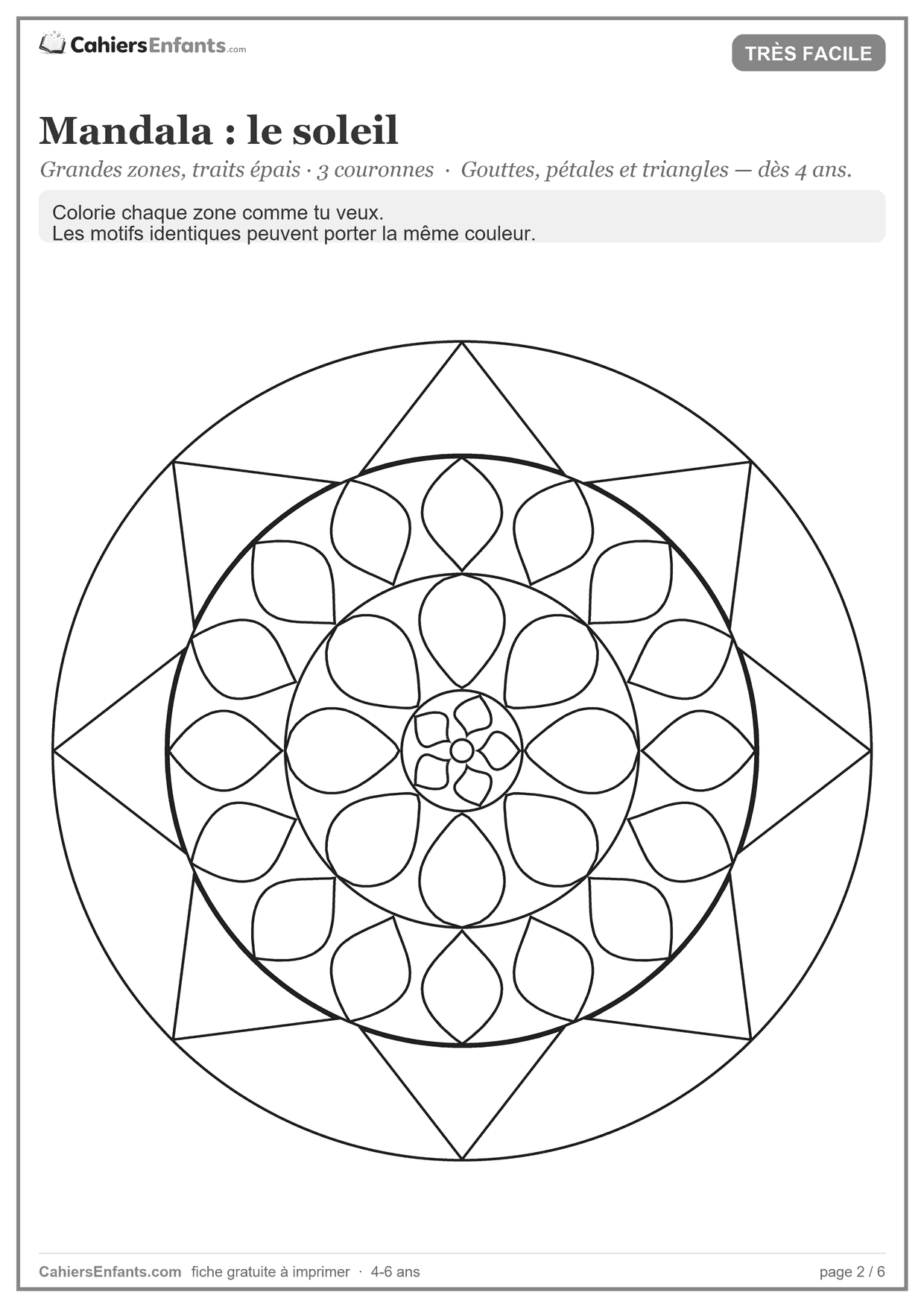 Mandala soleil facile à imprimer, huit branches et grandes zones à colorier