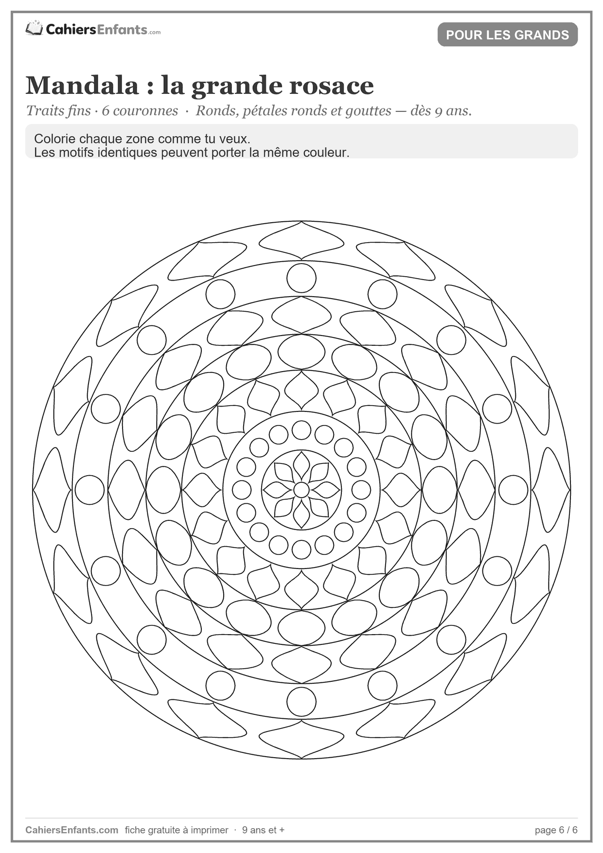 Grande rosace mandala à imprimer, seize secteurs et six couronnes, dès 9 ans