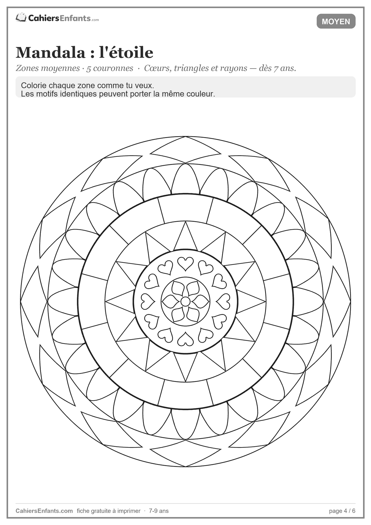 Mandala étoile à imprimer, douze branches et cinq couronnes, pour enfant de 7 à 9 ans