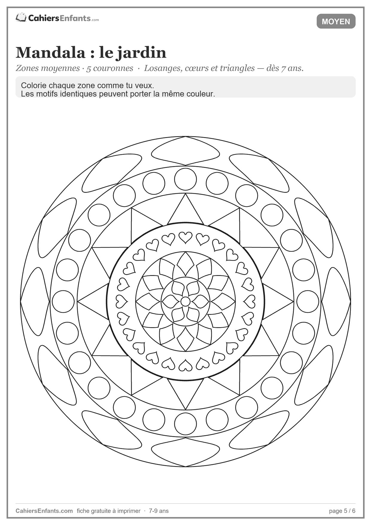Mandala jardin à imprimer avec losanges, cœurs et triangles, dès 7 ans