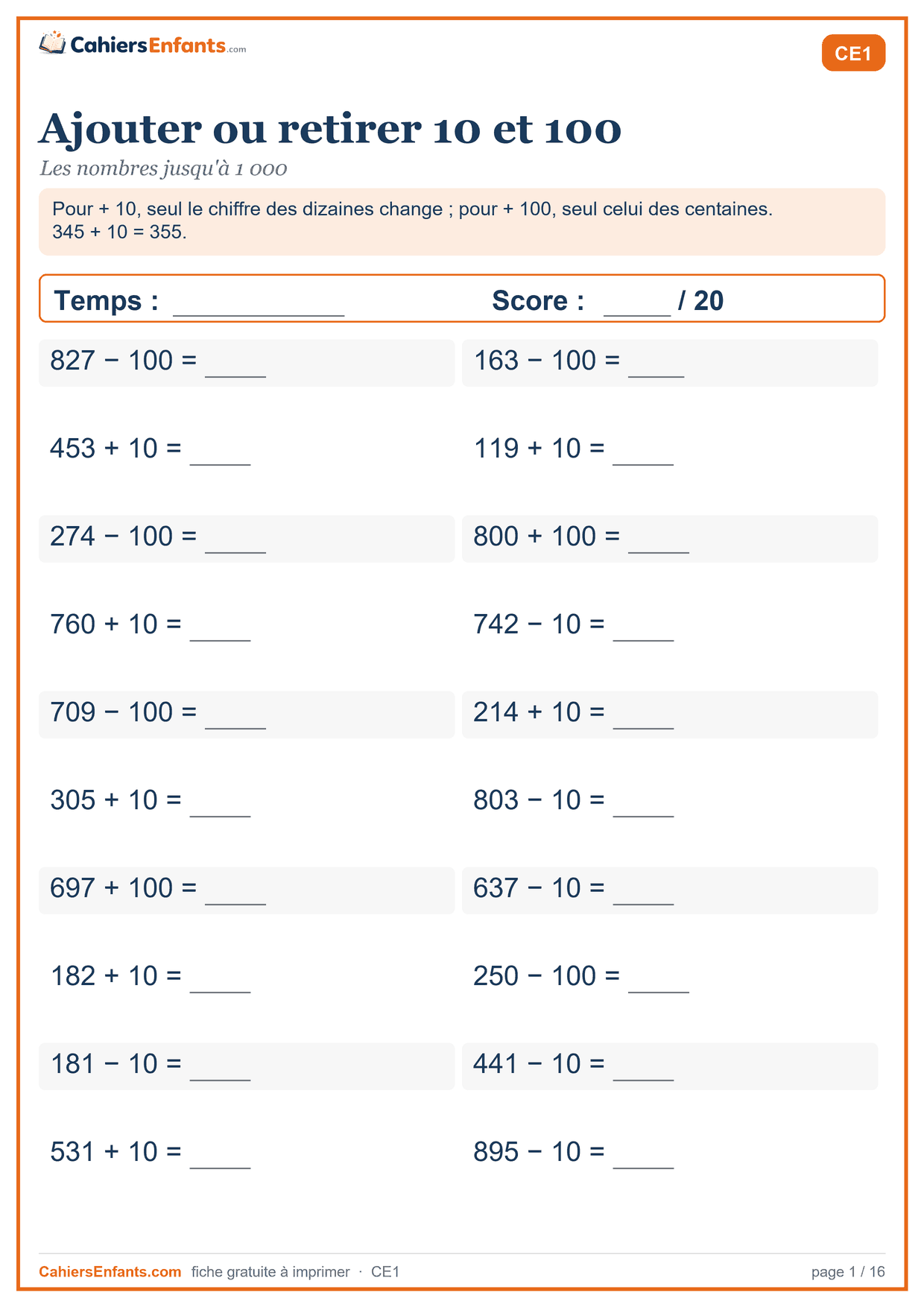 Fiche de calcul mental CE1 à imprimer : ajouter ou retirer 10 et 100, série chronométrée