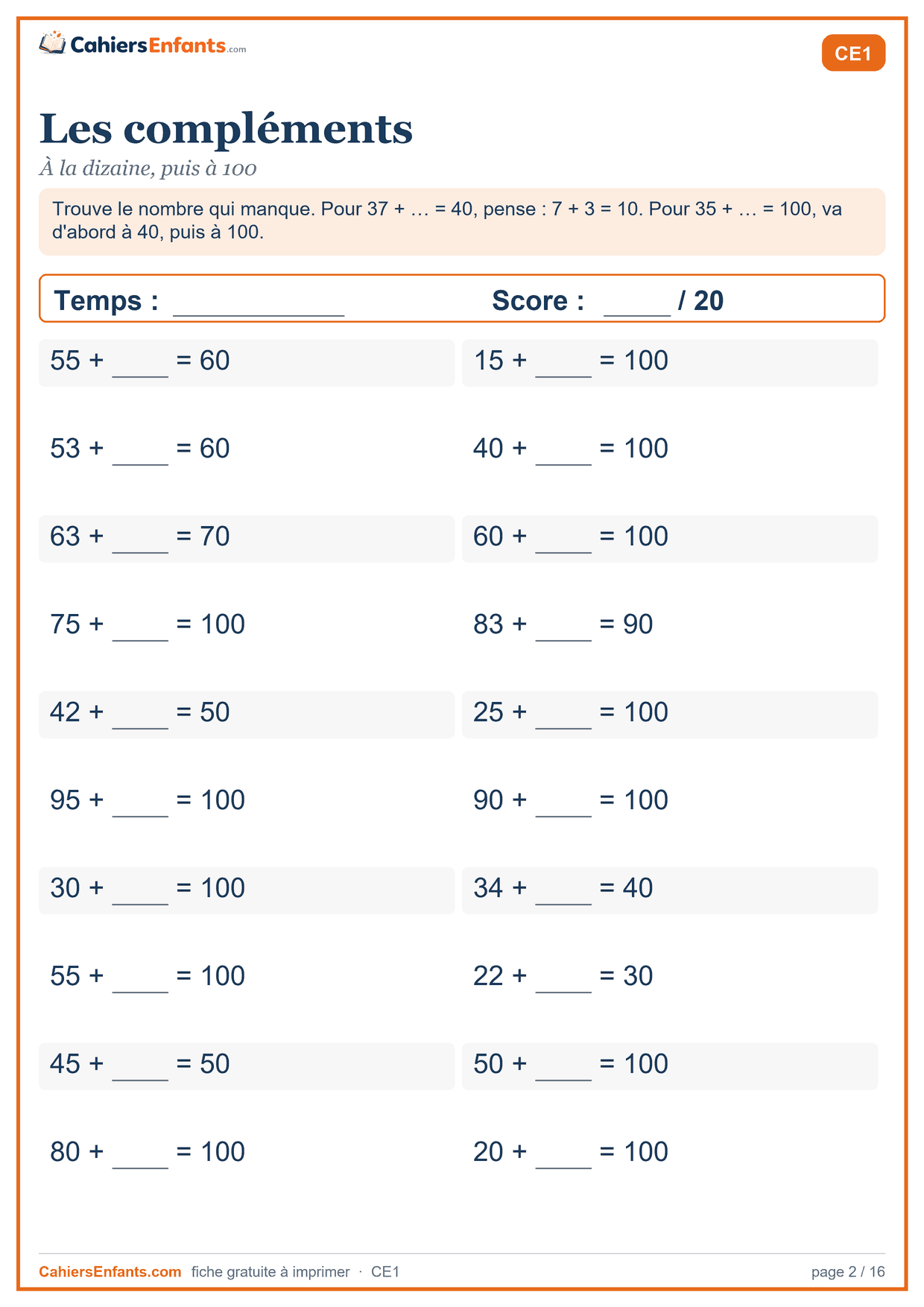 Fiche de calcul mental CE1 à imprimer : les compléments, série chronométrée