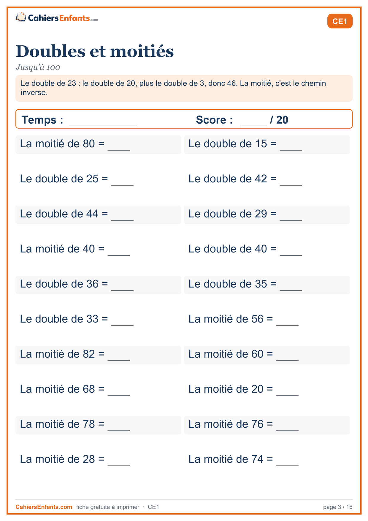 Fiche de calcul mental CE1 à imprimer : doubles et moitiés, série chronométrée