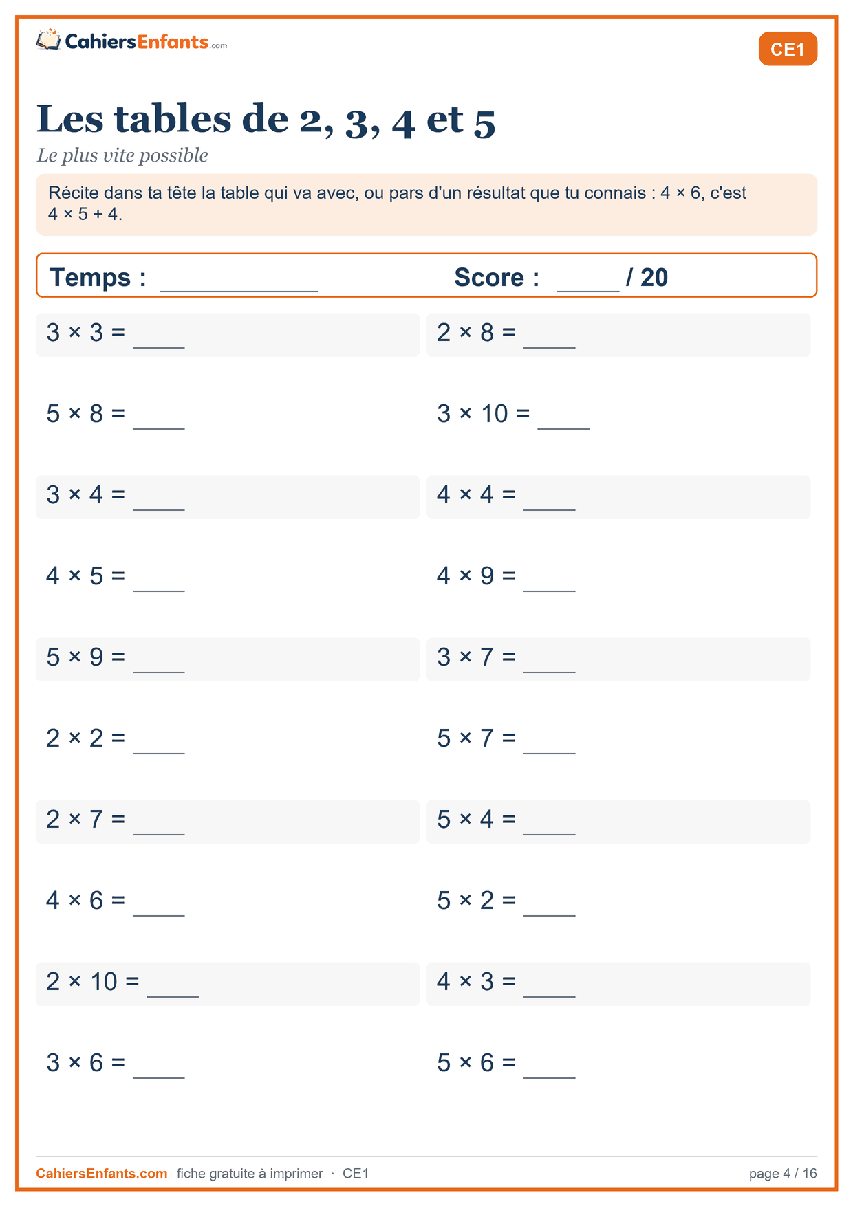Fiche de calcul mental CE1 à imprimer : les tables de 2, 3, 4 et 5, série chronométrée