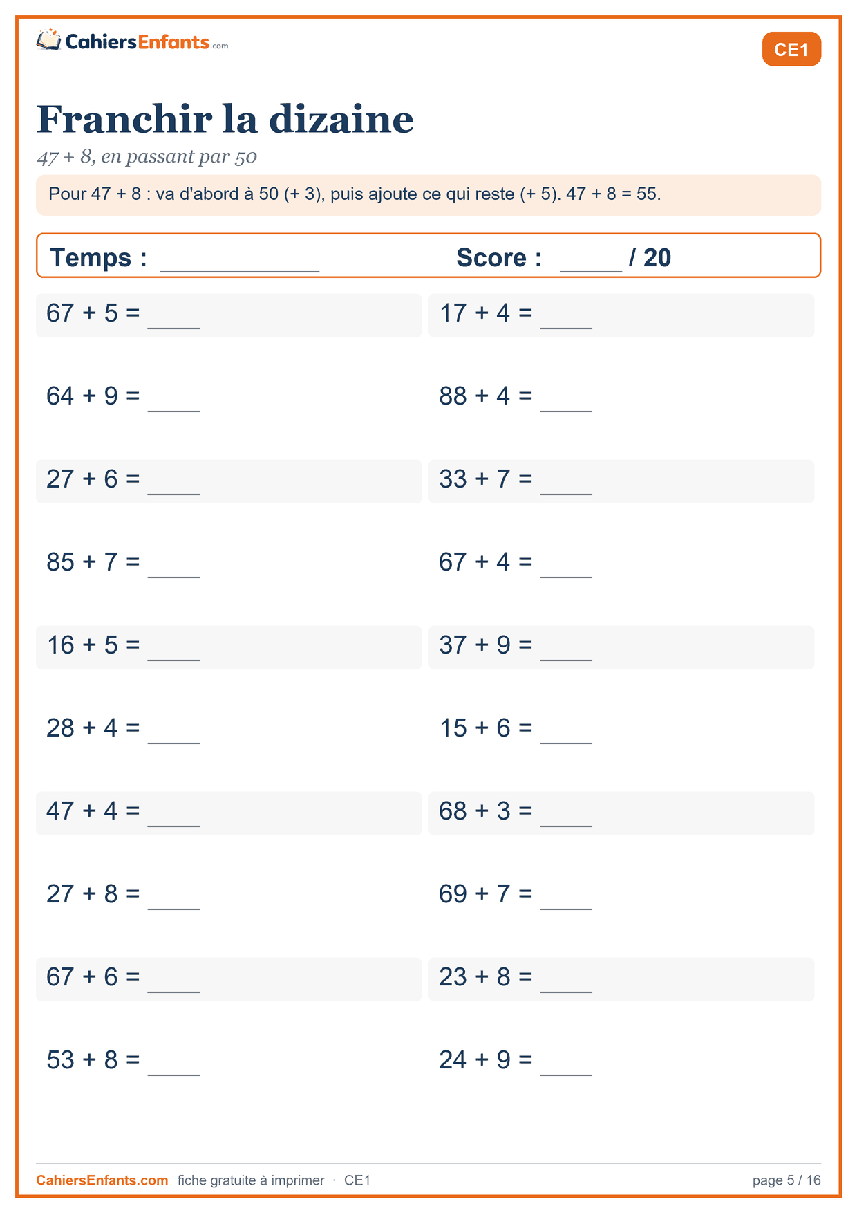 Fiche de calcul mental CE1 à imprimer : franchir la dizaine, série chronométrée