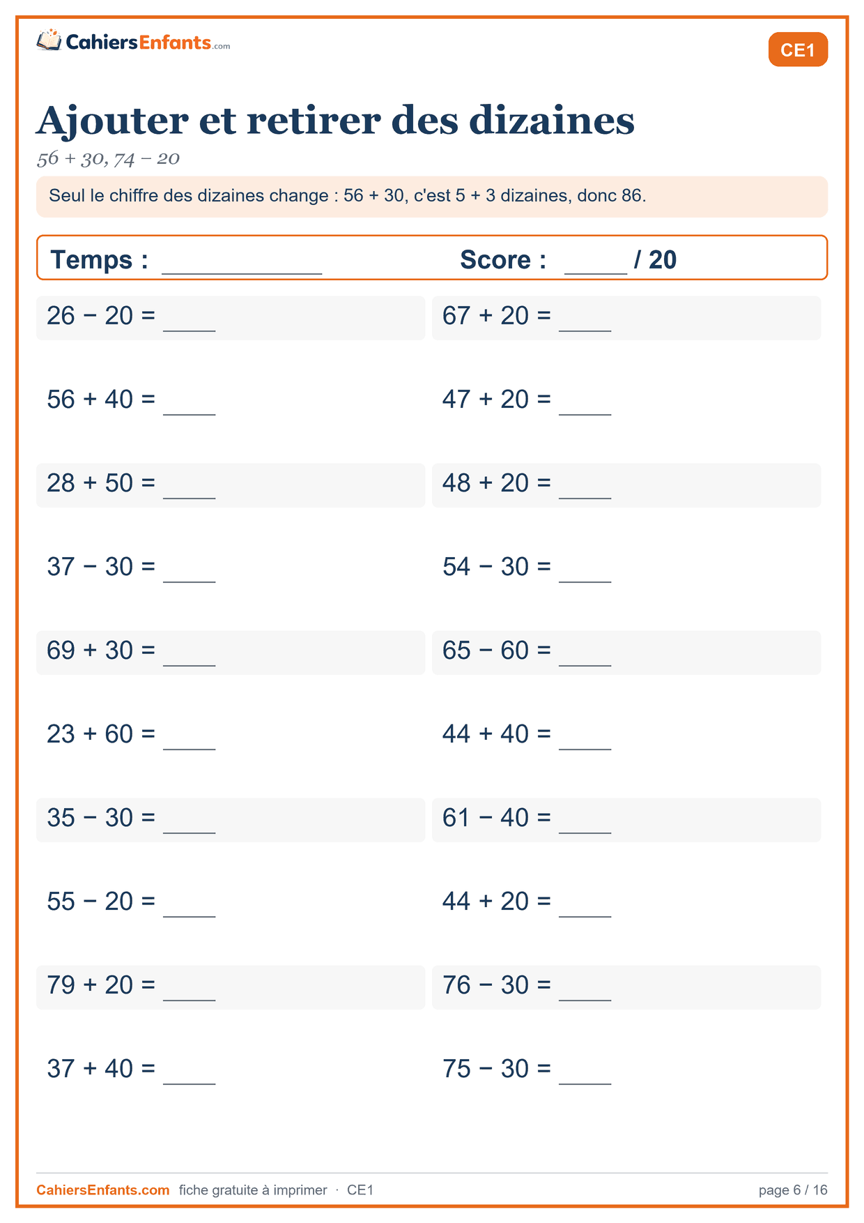 Fiche de calcul mental CE1 à imprimer : ajouter et retirer des dizaines, série chronométrée