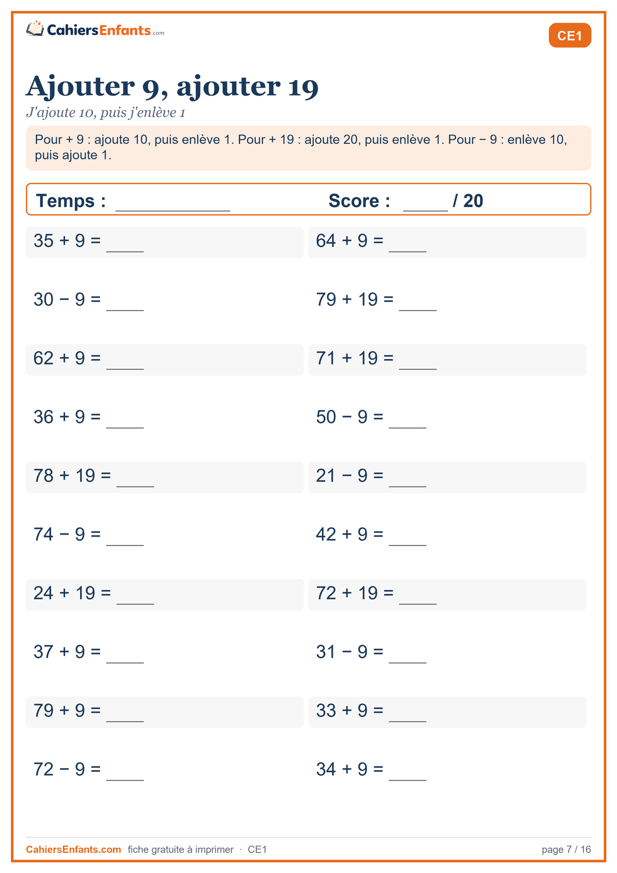 Fiche de calcul mental CE1 à imprimer : ajouter 9, ajouter 19, série chronométrée
