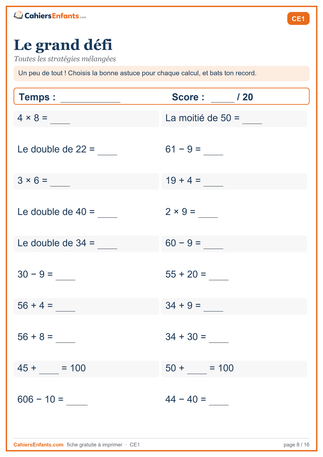 Fiche de calcul mental CE1 à imprimer : le grand défi, série chronométrée