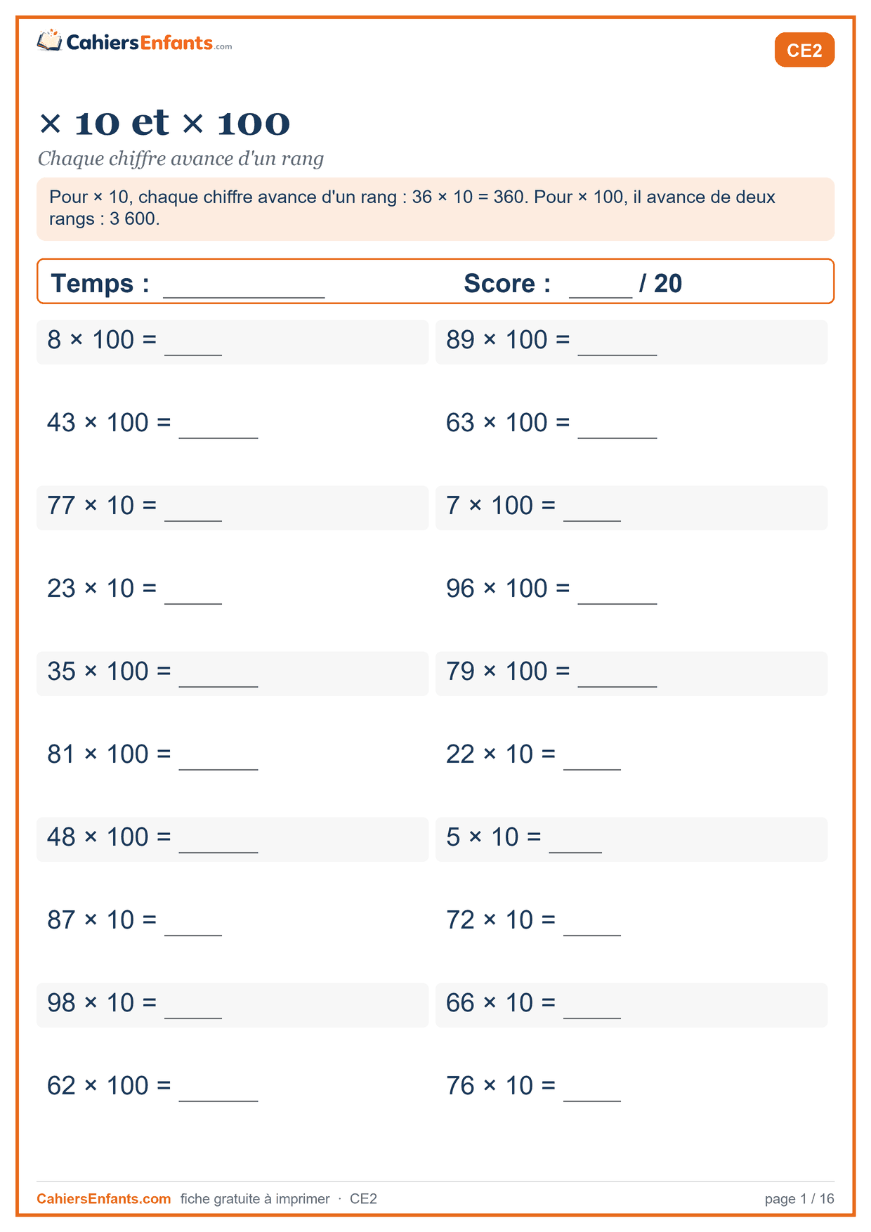 Fiche de calcul mental CE2 à imprimer : × 10 et × 100, série chronométrée