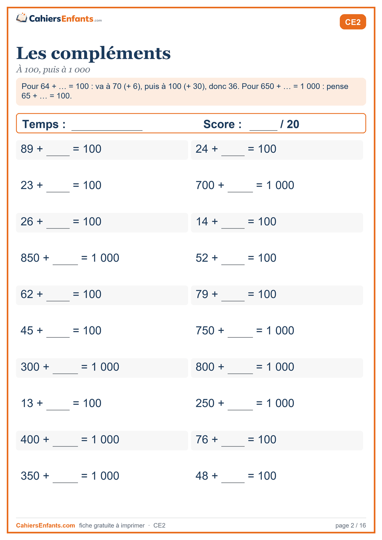 Fiche de calcul mental CE2 à imprimer : les compléments, série chronométrée