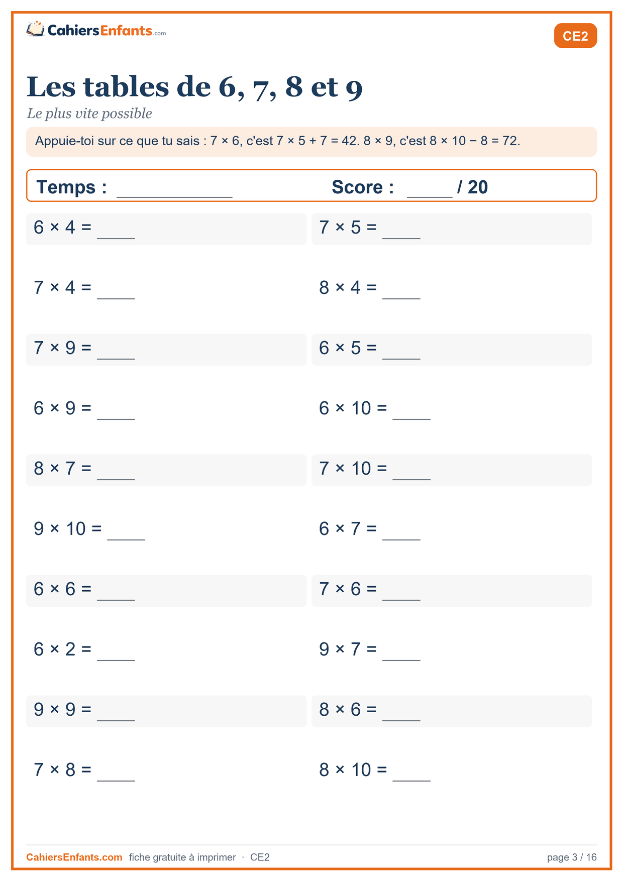Fiche de calcul mental CE2 à imprimer : les tables de 6, 7, 8 et 9, série chronométrée