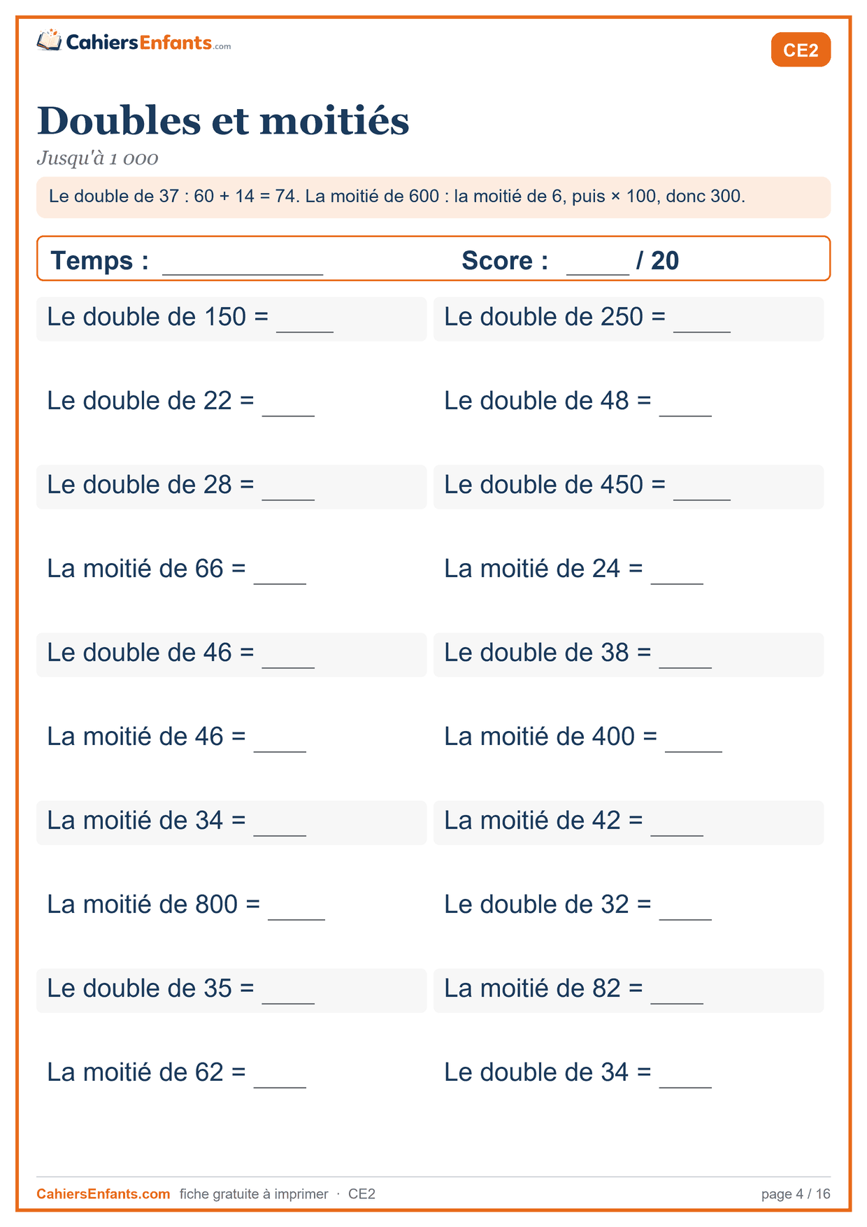 Fiche de calcul mental CE2 à imprimer : doubles et moitiés, série chronométrée
