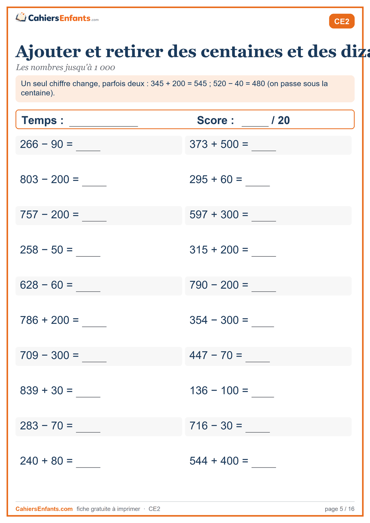 Fiche de calcul mental CE2 à imprimer : ajouter et retirer des centaines et des dizaines, série chronométrée