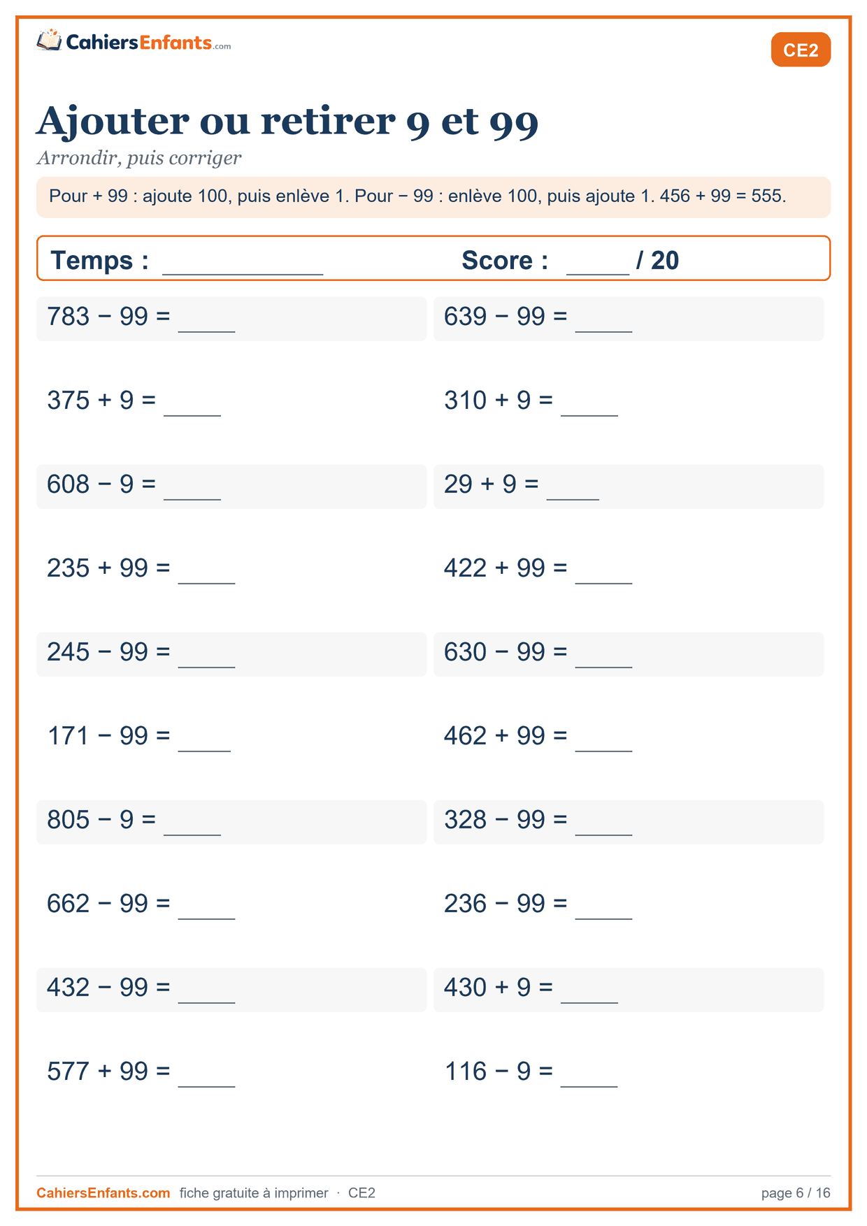 Fiche de calcul mental CE2 à imprimer : ajouter ou retirer 9 et 99, série chronométrée