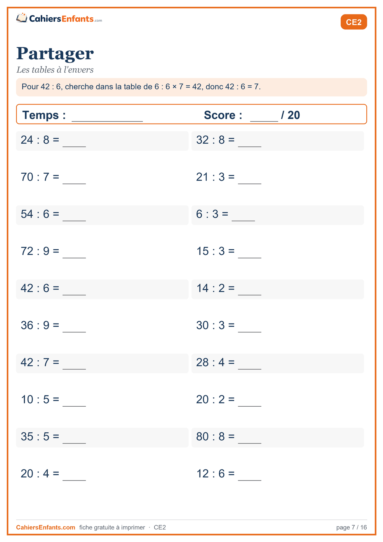 Fiche de calcul mental CE2 à imprimer : partager, série chronométrée
