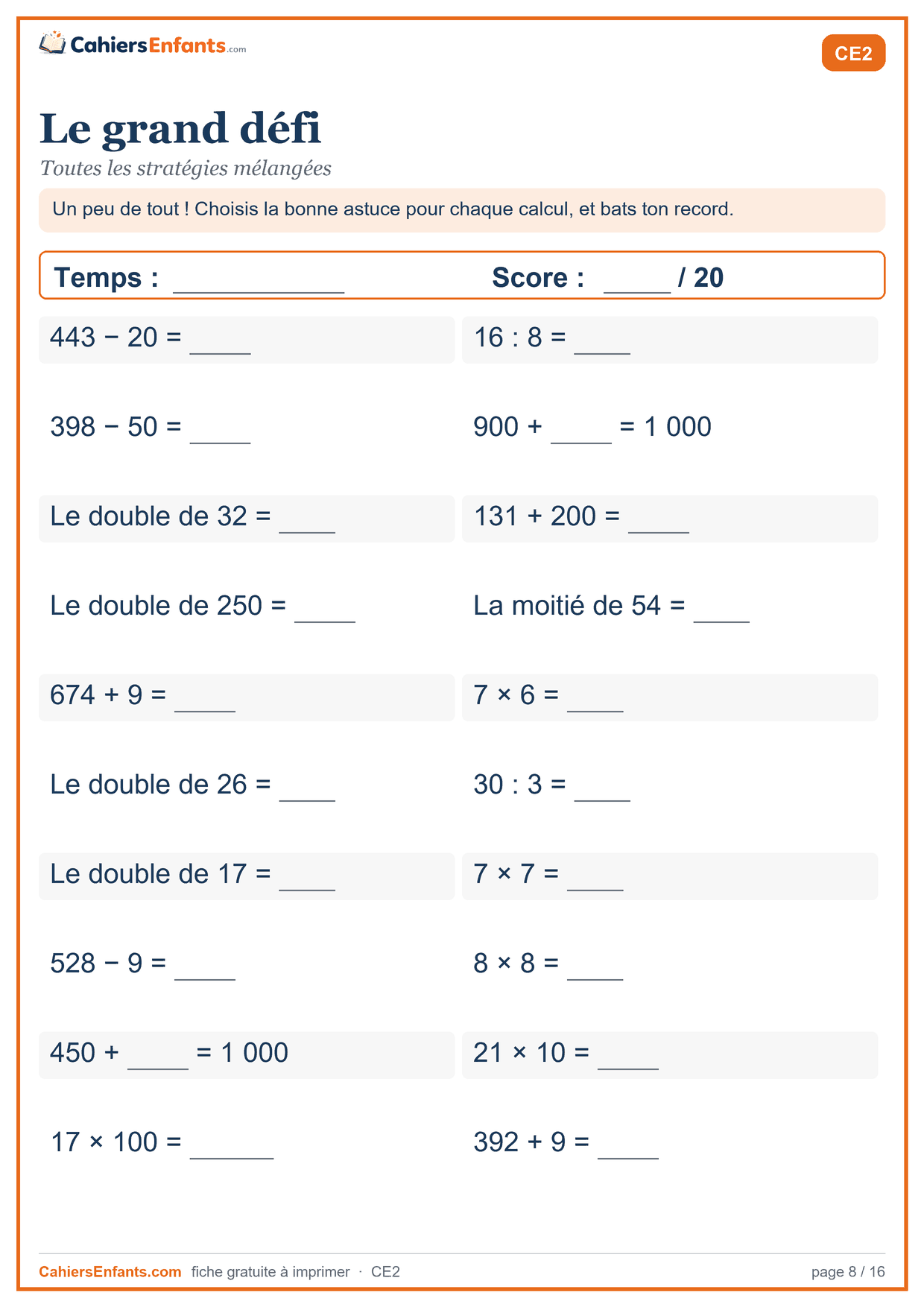 Fiche de calcul mental CE2 à imprimer : le grand défi, série chronométrée