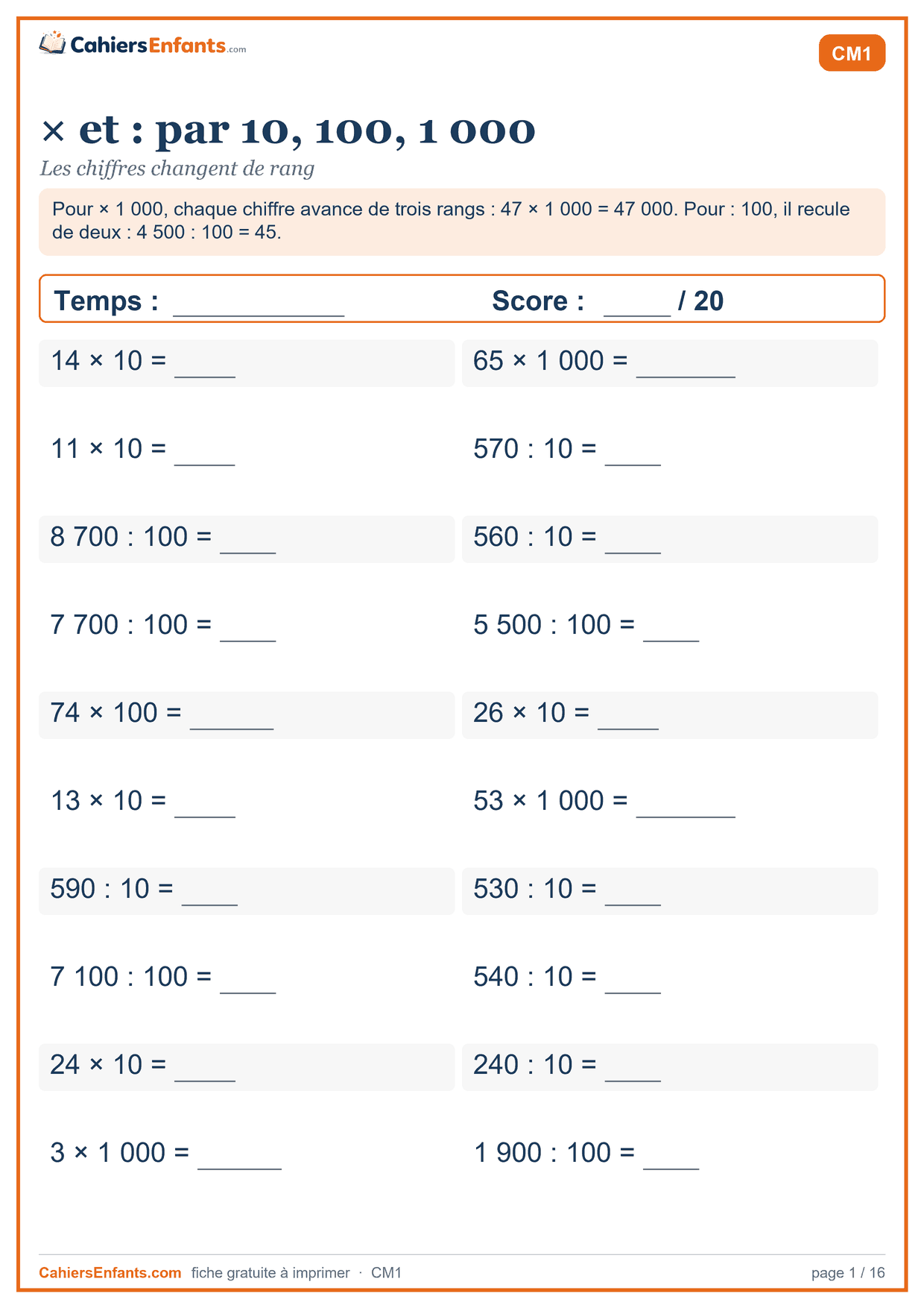 Fiche de calcul mental CM1 à imprimer : × et : par 10, 100, 1 000, série chronométrée