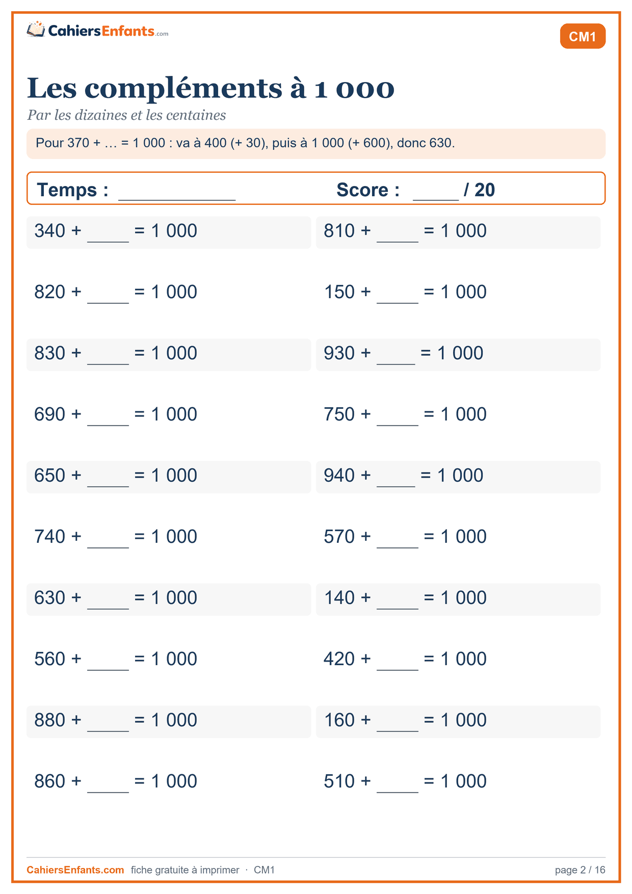 Fiche de calcul mental CM1 à imprimer : les compléments à 1 000, série chronométrée