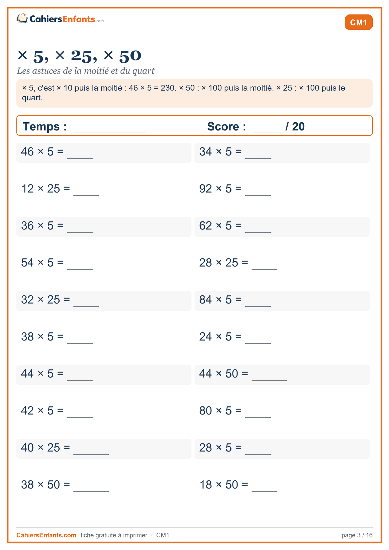 Fiche de calcul mental CM1 à imprimer : × 5, × 25, × 50, série chronométrée