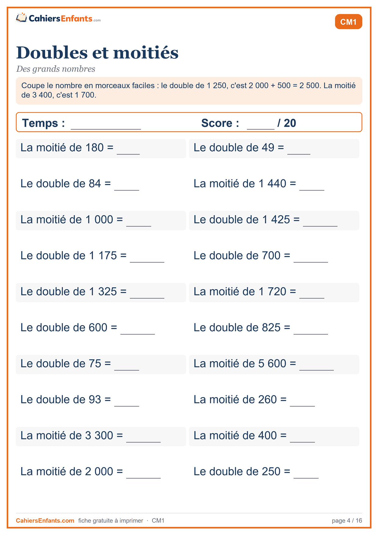 Fiche de calcul mental CM1 à imprimer : doubles et moitiés, série chronométrée