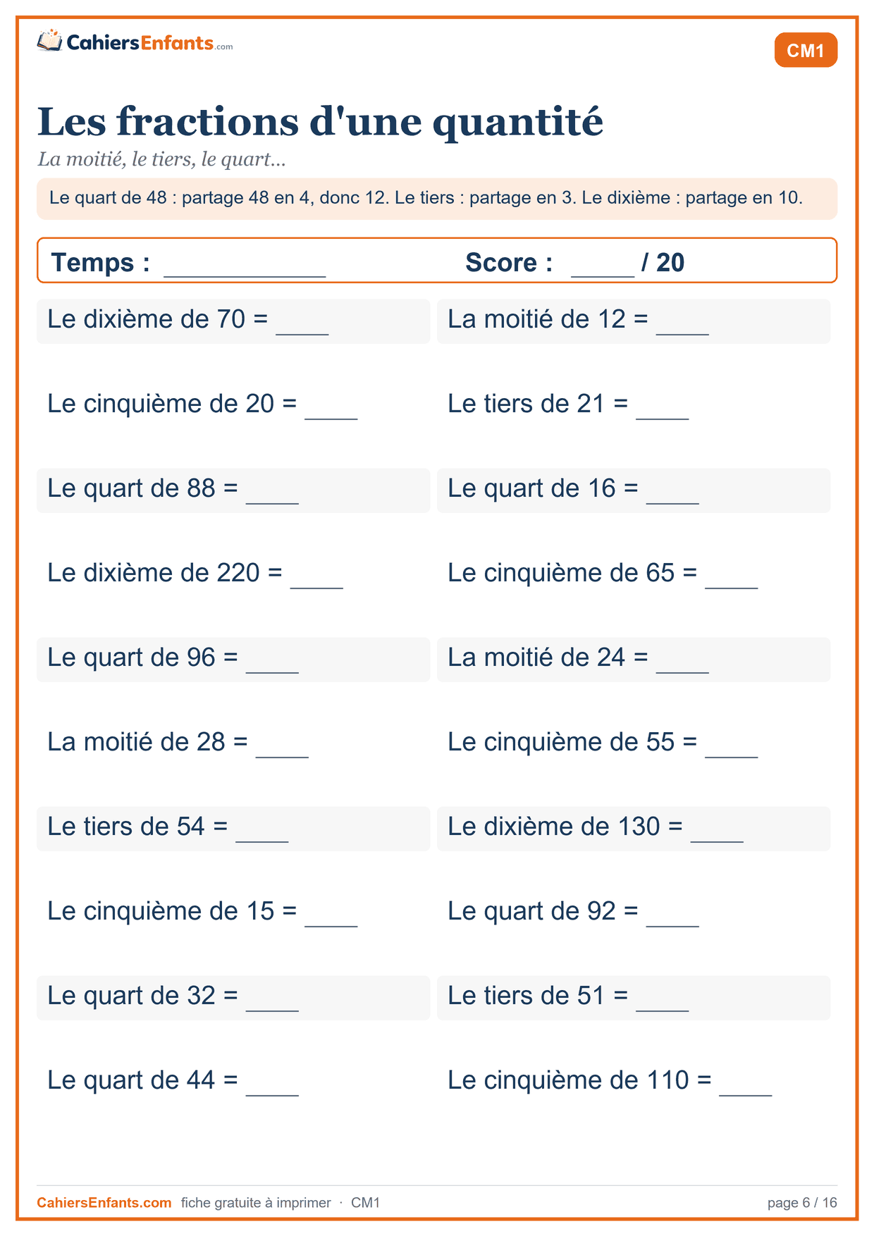 Fiche de calcul mental CM1 à imprimer : les fractions d'une quantité, série chronométrée